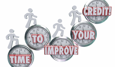 Graphic showing several clocks being climbed by stick figures with the words “Time to improve your credit” 