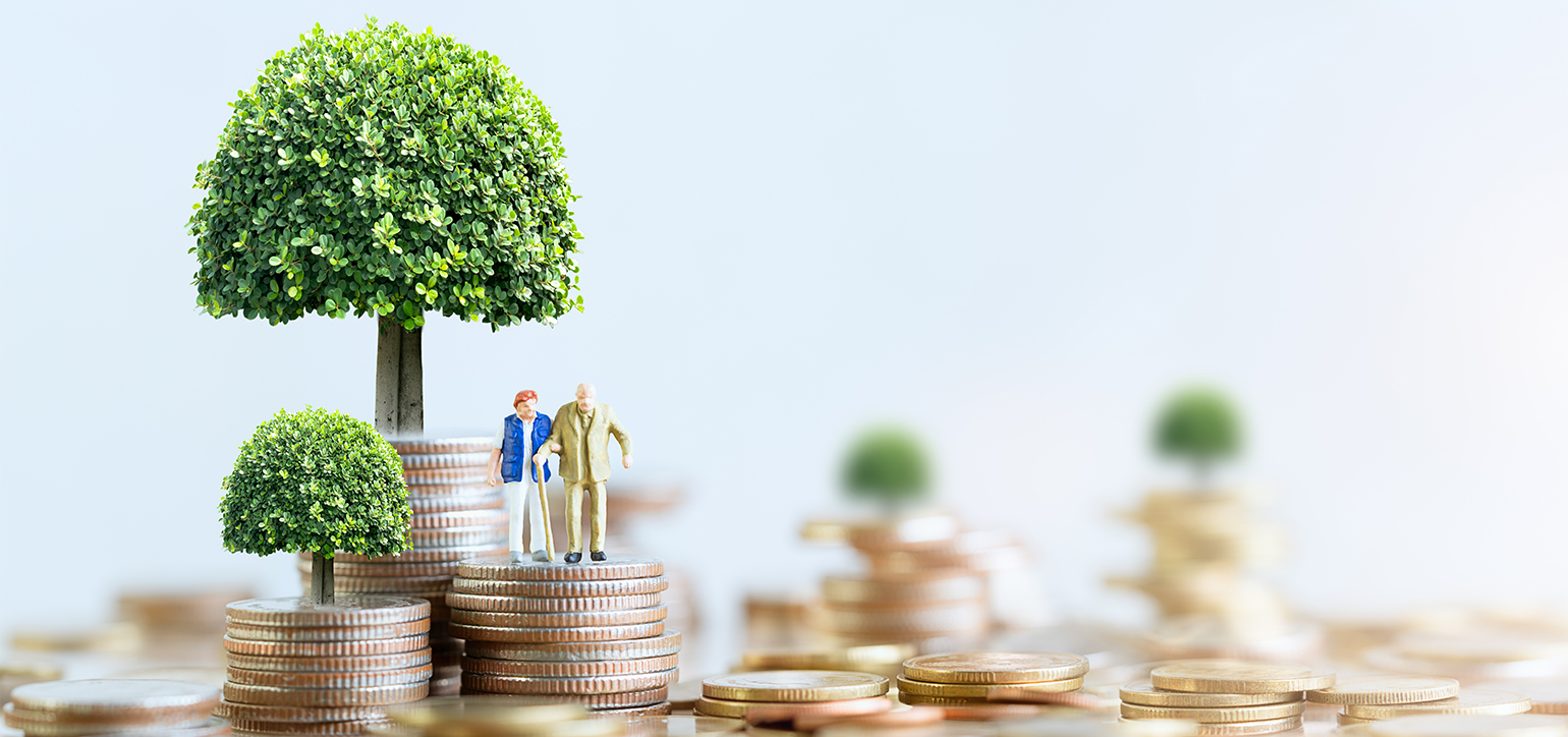 Image of piles of coins with trees growing on top and a retired couple